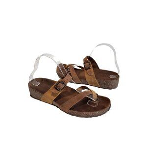 A. Giannetti Buckle Two Tone Tan Big Toe Cork Platform Wedge Sandals 9/40